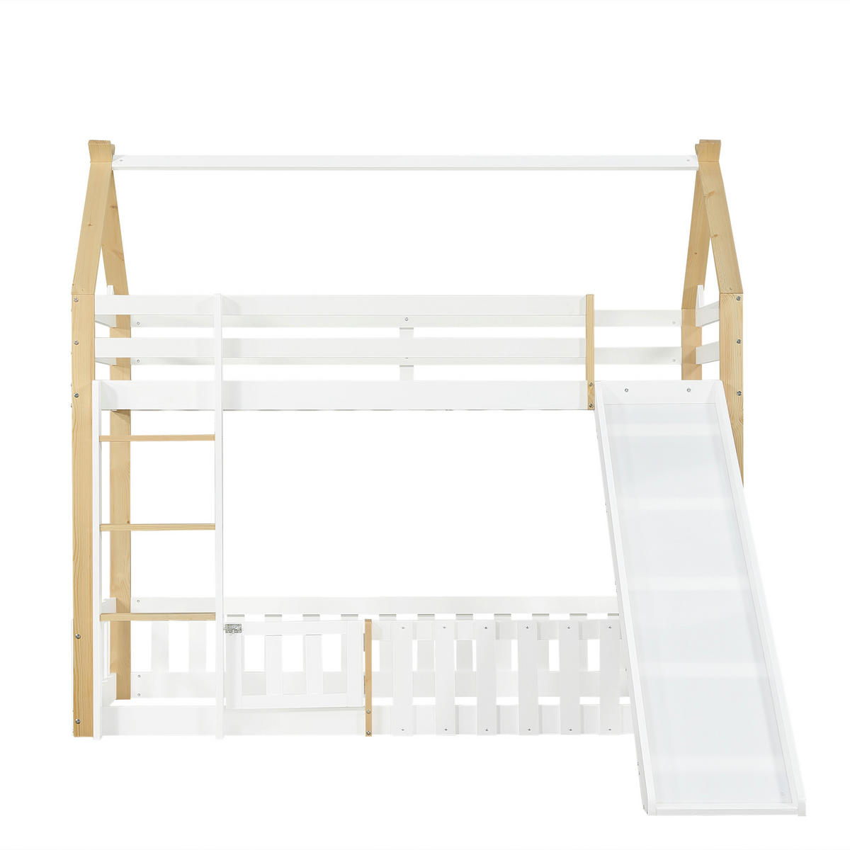 ETAGENBETT 90/200 cm mit Rutsche, Dachform, Freiraum mit Zaun und Leiter, Weiß/Natur - Weiß, Holzwerkstoff (90/200cm) - Redom