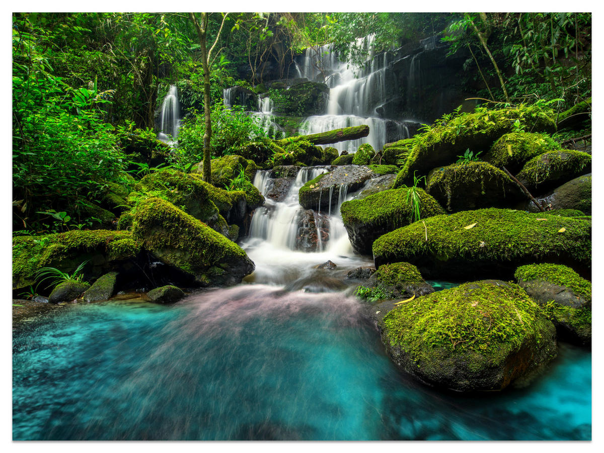 FOTOTAPETA Pre Kuchyňu Vodopád Džungľa Stromy Kamene Tropická 500 x 350 cm - modrá/sivá, papier (500/350cm) - Muralo