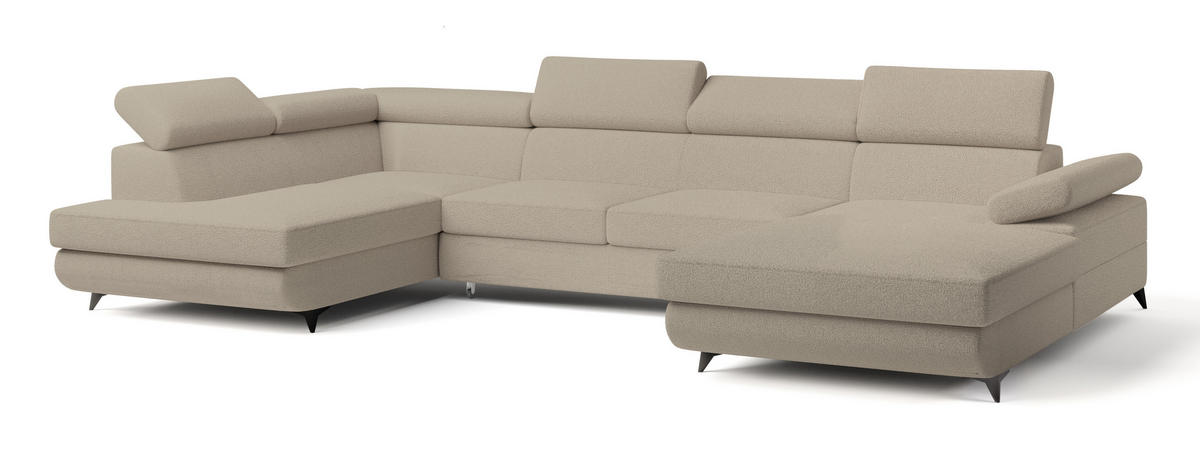 WOHNLANDSCHAFT RUBANO L-S Beige Boucle-Stoff mit Schlaffunktion - Beige, Holz (339/89/190cm) - MASSENO