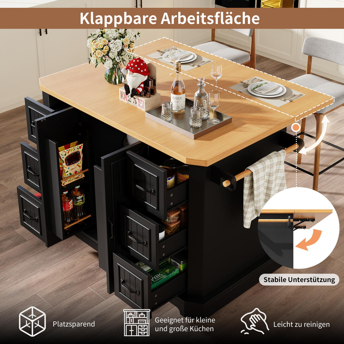 KÜCHENINSEL 120/45(75)/91 cm schwarz mit 2 Türen & 6 Schubladen mit rollbar - Schwarz, Holzwerkstoff (120/91/75cm) - OKWISH
