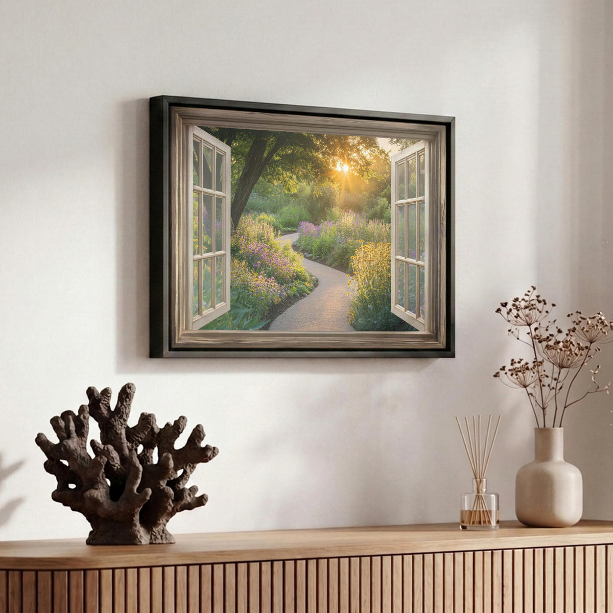 LEINWAND Bilder mit Rahmen - Aussicht - Blumen - Natur - Sonne - Weg - 30x20 - Hellgelb, Textil (30/20cm) - MuchoWow