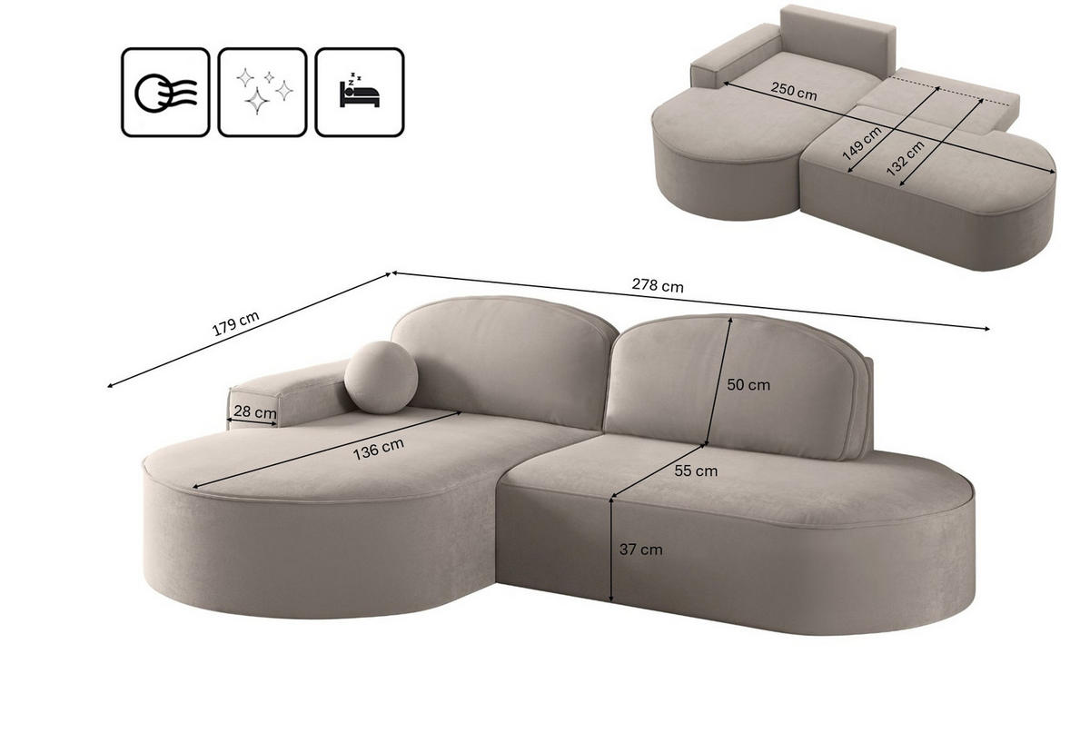 ECKSOFA mit Schlaffunktion und Bettkasten Modena Runden stoff Salvador Hellbeige Links - Creme, Holz/Textil (179/278cm) - Kaiser Möbel