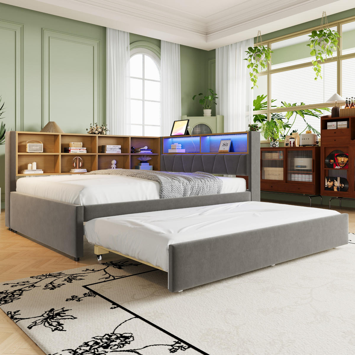 BETT 140/200 cm Dunkelgrau aus Flanell mit Bett, LED und Stauraum - Dunkelgrau, Textil (140/200cm) - OKMYHOME