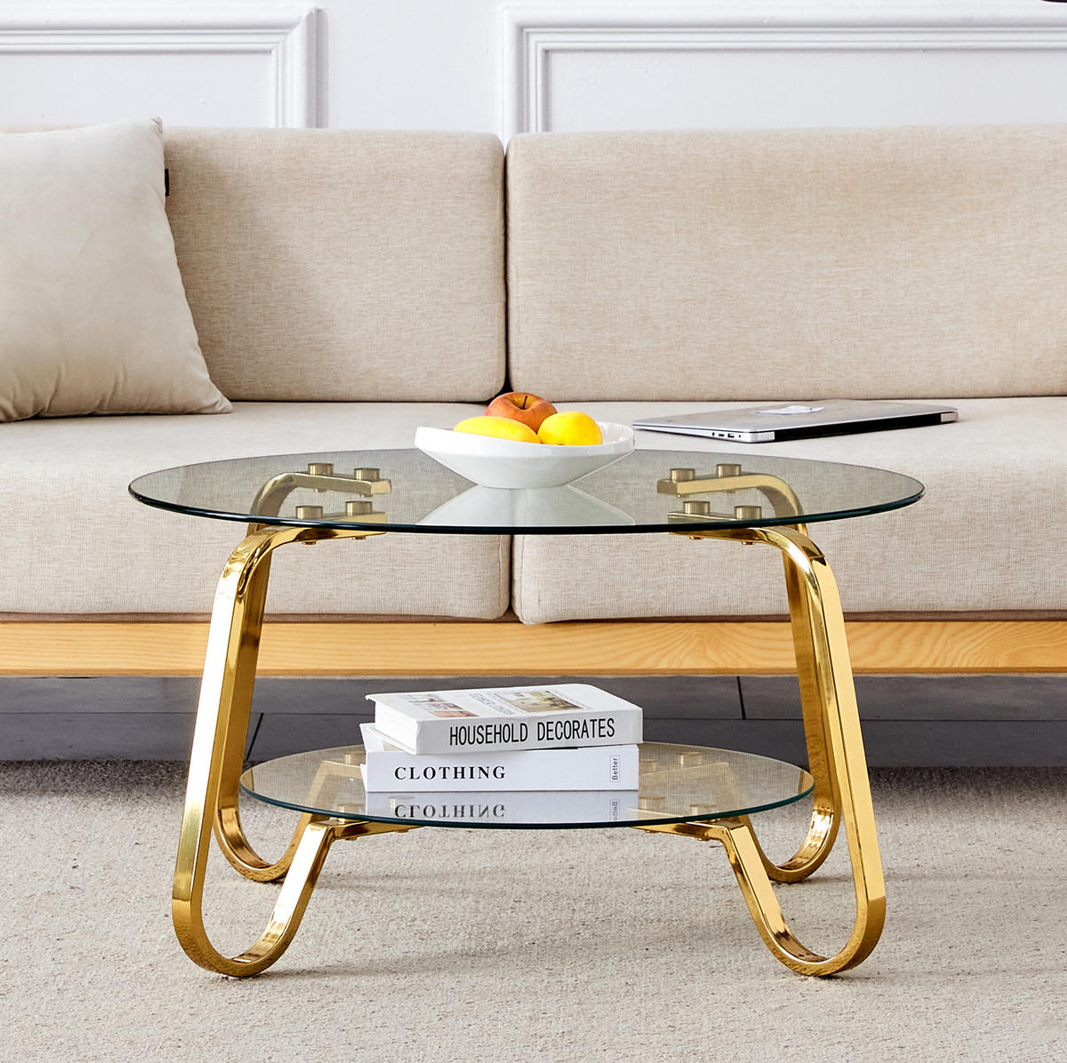 COUCHTISCH 2-stufig Metall Gold mit Glasplatten - Goldfarben, Metall (80/80/45cm) - Meubliv