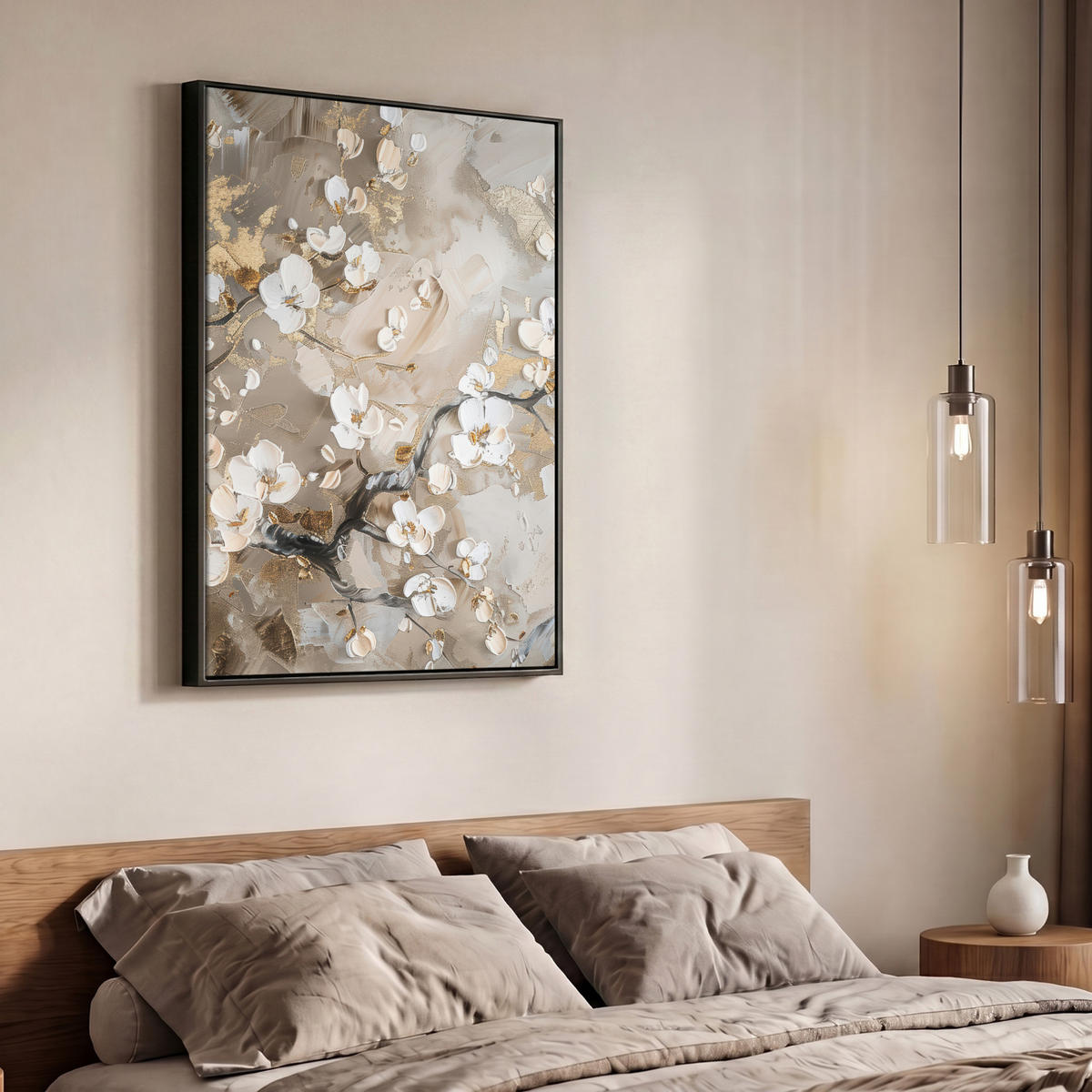 LEINWAND Bilder mit Rahmen - Blumen - Weiß - Gold - Beige - Luxus - 70x100 - Greige, Textil (70/100cm) - MuchoWow
