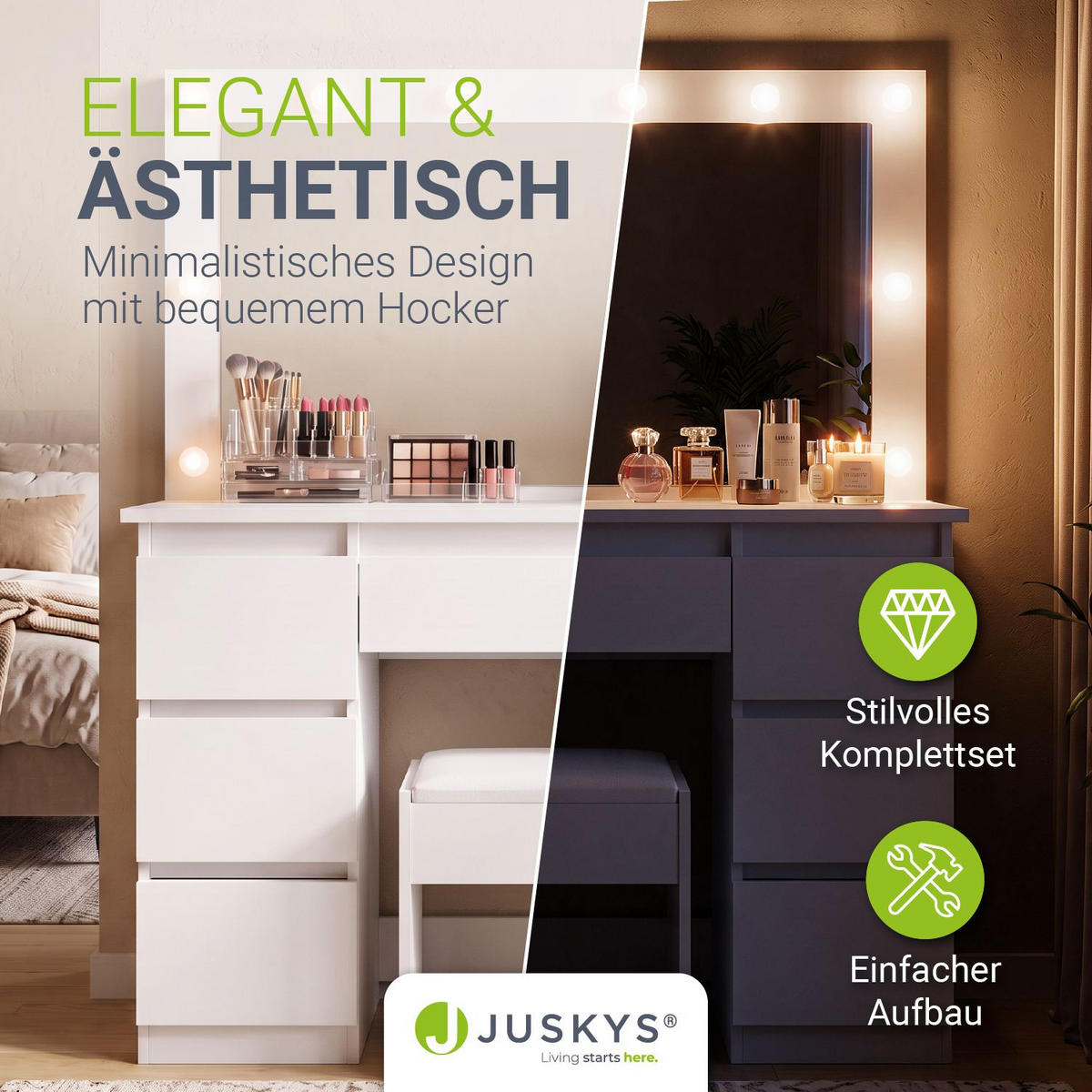 SCHMINKTISCH Lilia weiß mit LED-Beleuchtung und Hocker Melly - Weiß, Holz (108/140/41cm) - Juskys