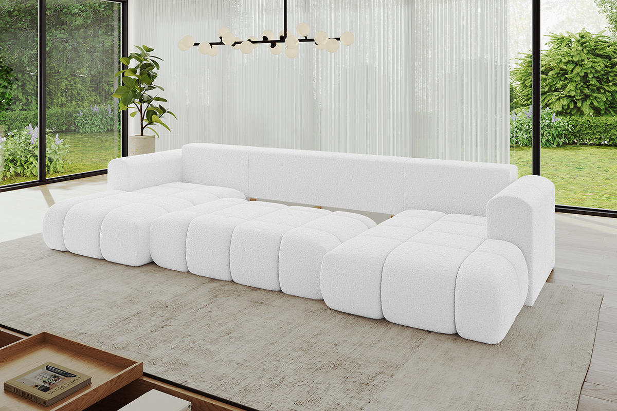 WOHNLANDSCHAFT Ottomane Links CLOUD-U-v1 414x180x40 Weiß Bouclé - Weiß, Holzwerkstoff/Kunststoff (414/90/180cm) - ALTDECOR