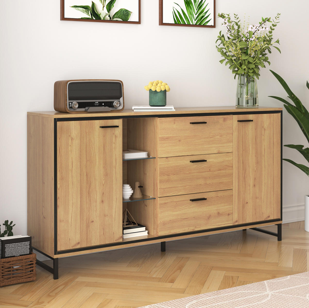 SIDEBOARD 160/40/85 cm aus Holzwerkstoff mit LED-Beleuchtung Natur/Schwarz - Naturfarben, Holzwerkstoff (160/85/40cm) - Modenvie