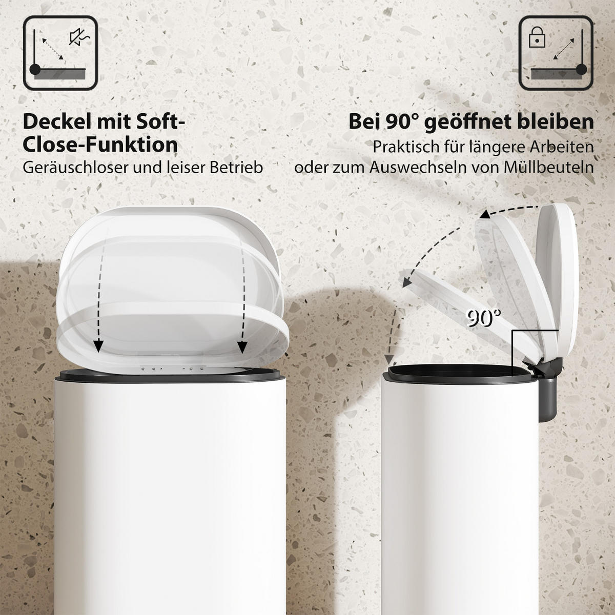 MÜLLEIMER 12L WEISS Treteimer mit Soft-Close-Funktion 30/25,5/37,5 cm - Weiß, Metall (25.5/37.5/30cm) - Rolipo