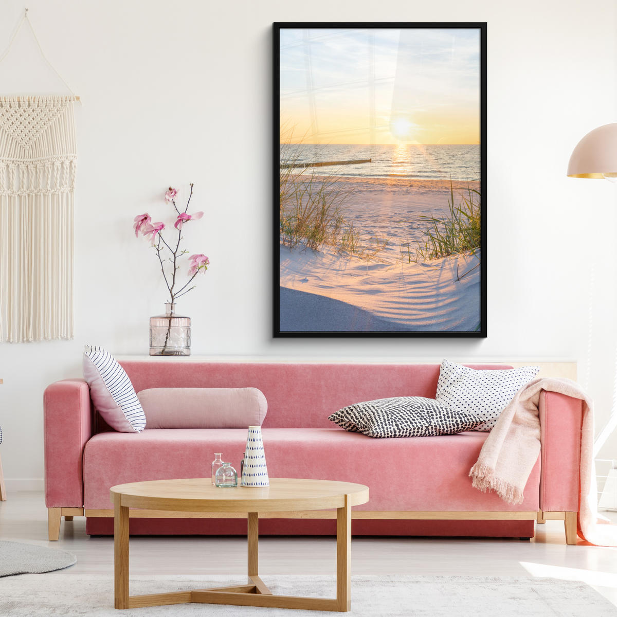 GERAHMTES BILD Strand - Sonne - Düne - Gras - Sand - Horizont 80x120 cm - Hellblau, Papier (80/120cm) - MuchoWow