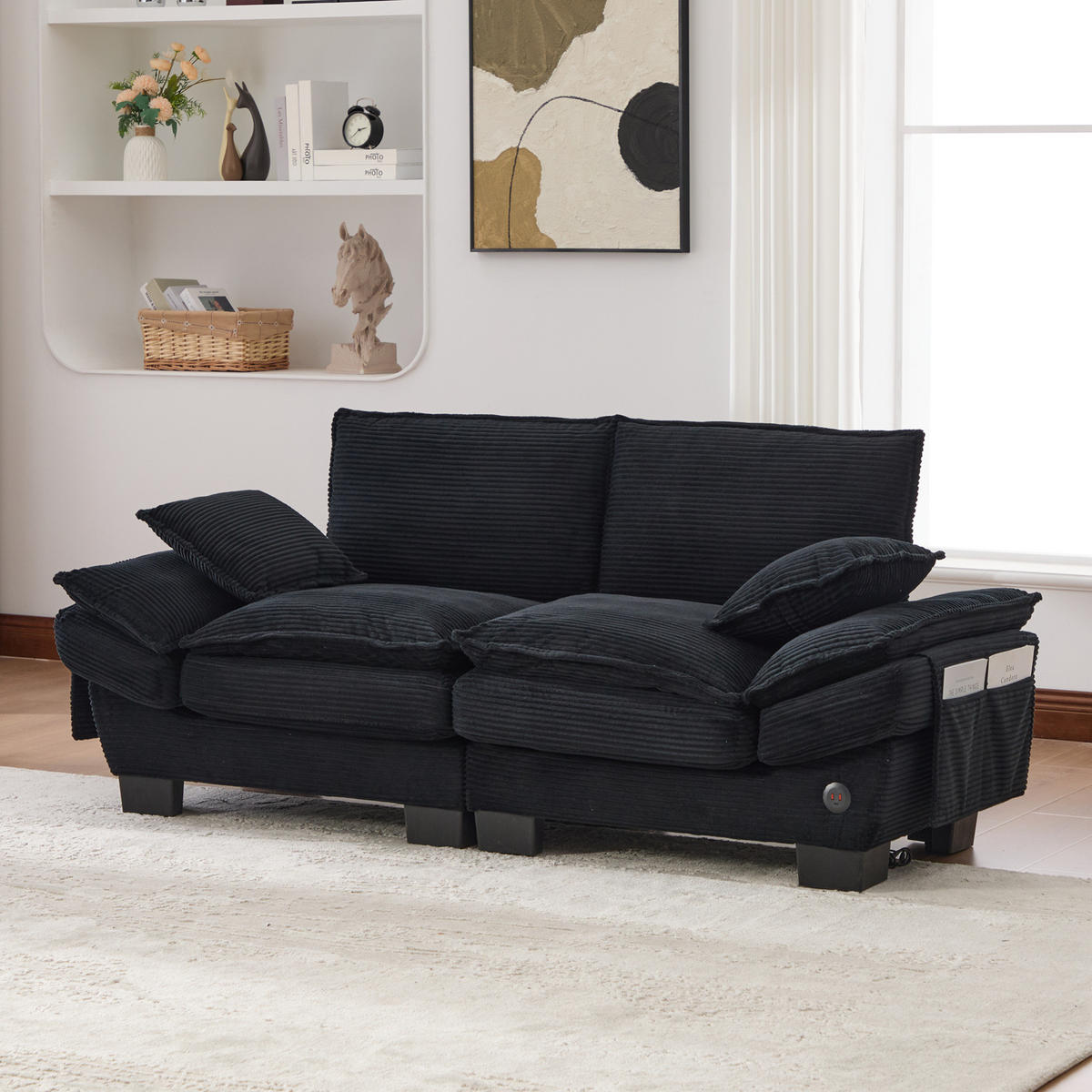 SOFA mit USB-C-Anschluss 2-Sitzer 190 x 73 x 84 cm Corduroy Schwarz - Schwarz, Kunststoff (73/84/190cm) - Meubliv