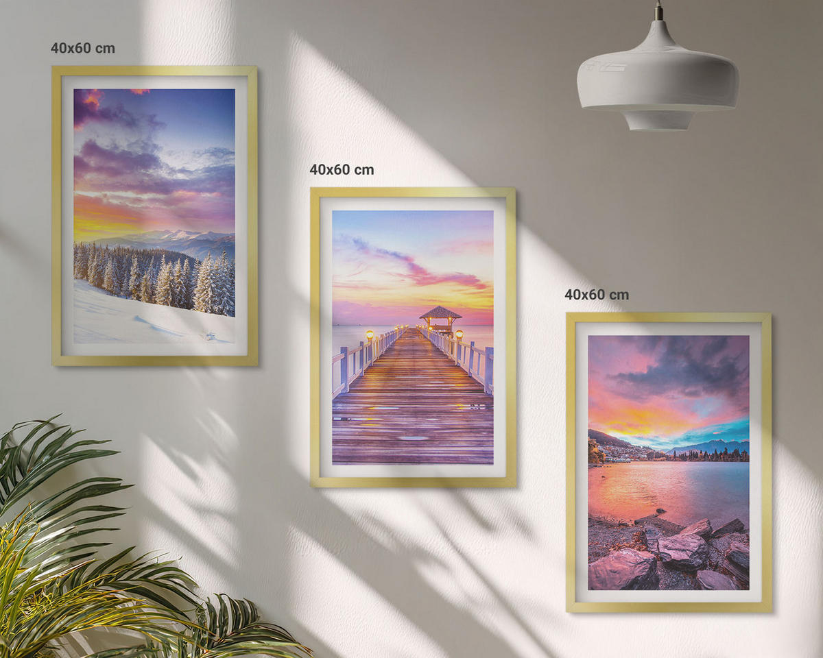 BILDER SET 3er Set - 40x60 cm Goldrahmen - Winterliche Bergseelandschaft - Goldfarben, Kunststoff (40/60cm) - TULUP