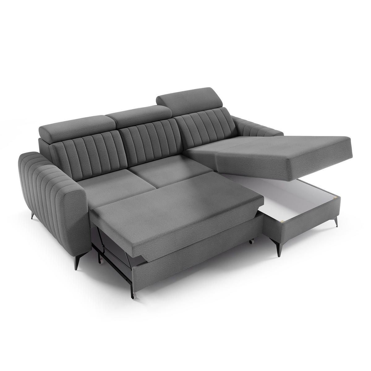 ECKSCHLAFSOFA Connor I verstellbare Kopfstützen, Dunkelgrau - Dunkelgrau/Schwarz, Textil (238/176cm) - Beautysofa