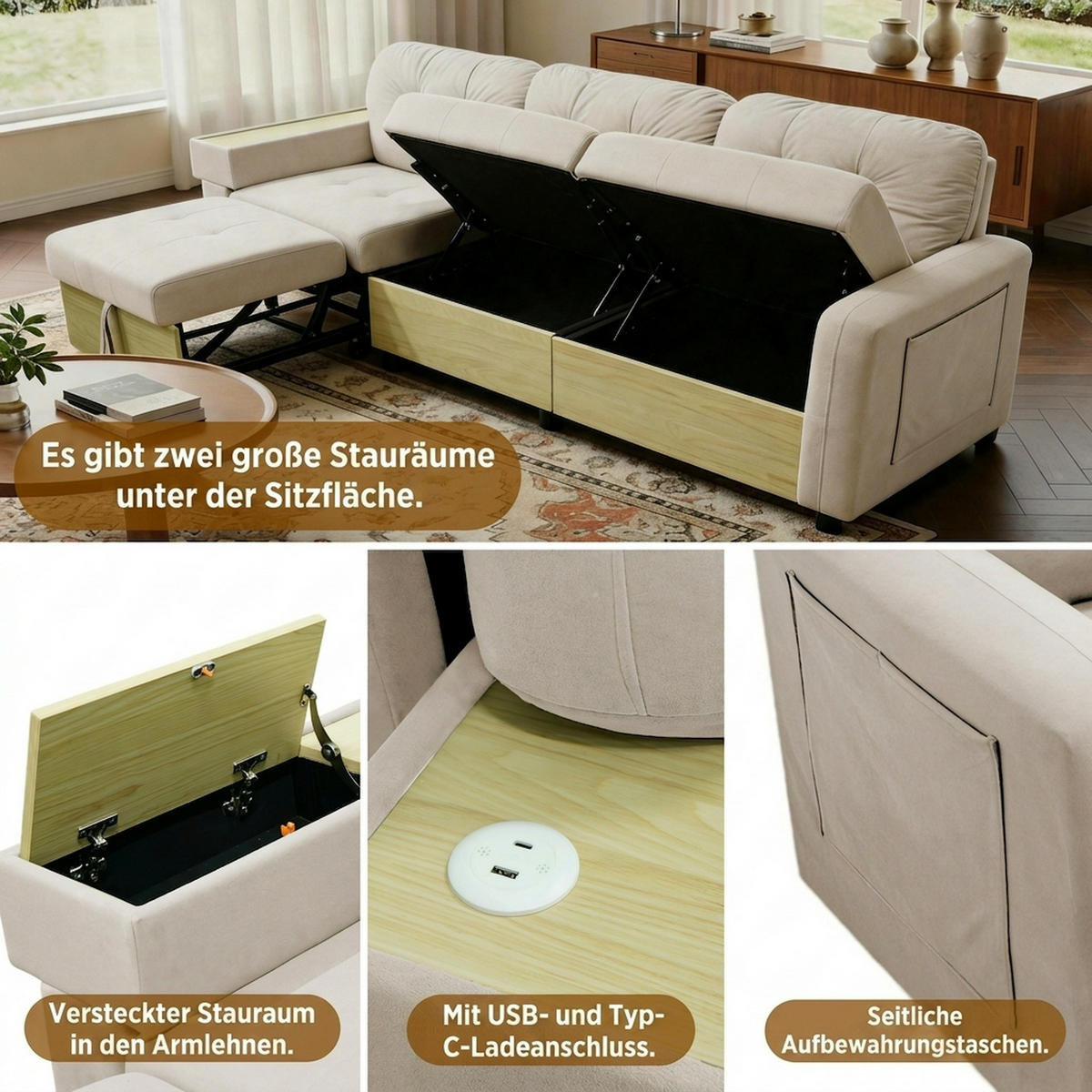 ECKSOFA 228/115/78 cm Beige mit Ausziehbarer Fußhocker, USB-Anschluss und Aufbewahrungstasche - Beige, Textil (228/80cm) - Oxeza