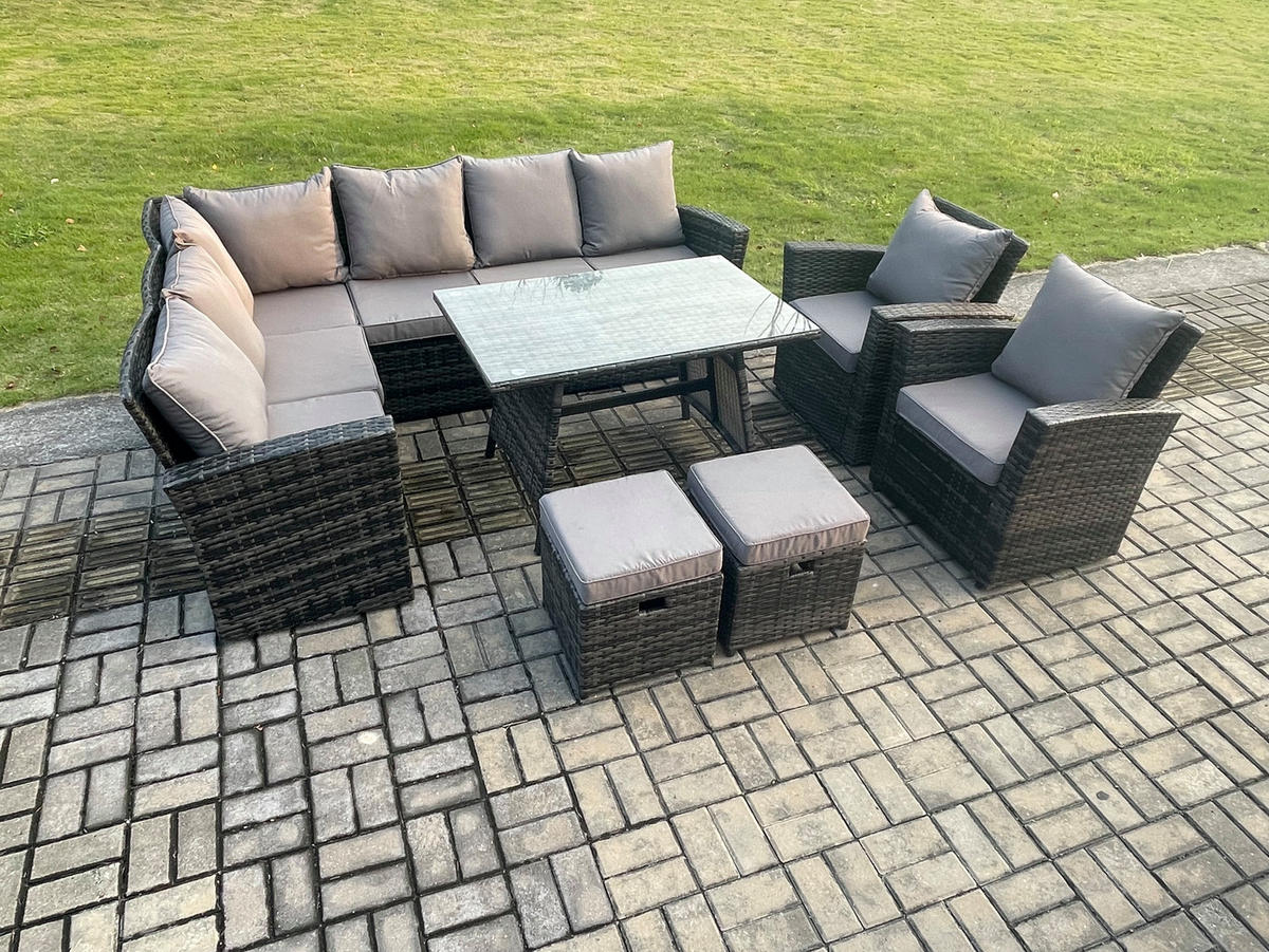 BALKONMÖBEL-SETS mit Ecksofa,Stuhl,Länglicher Esstisch Polyrattan Dunkelgrau 10-Sitzer - Dunkelgrau/Grau, Glas/Kunststoff - Fimous