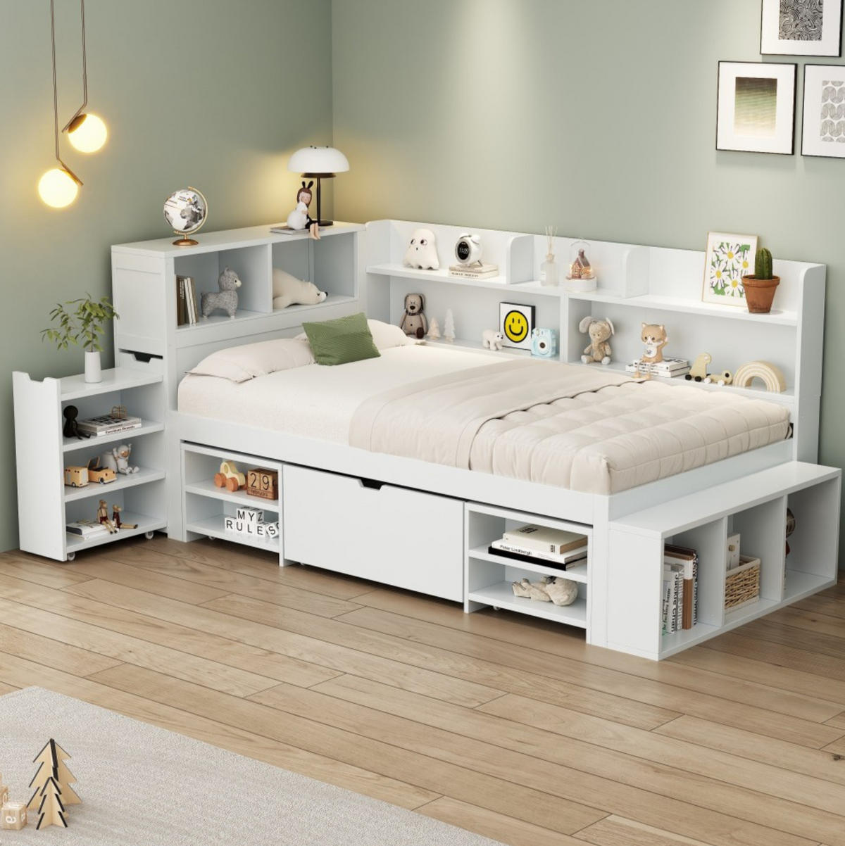 KINDERBETT 90/200 cm mit Lattenrost, Schublade, Regal und Stauraum aus Sperrholz, Weiß - Weiß, Holzwerkstoff (90/200cm) - Redom