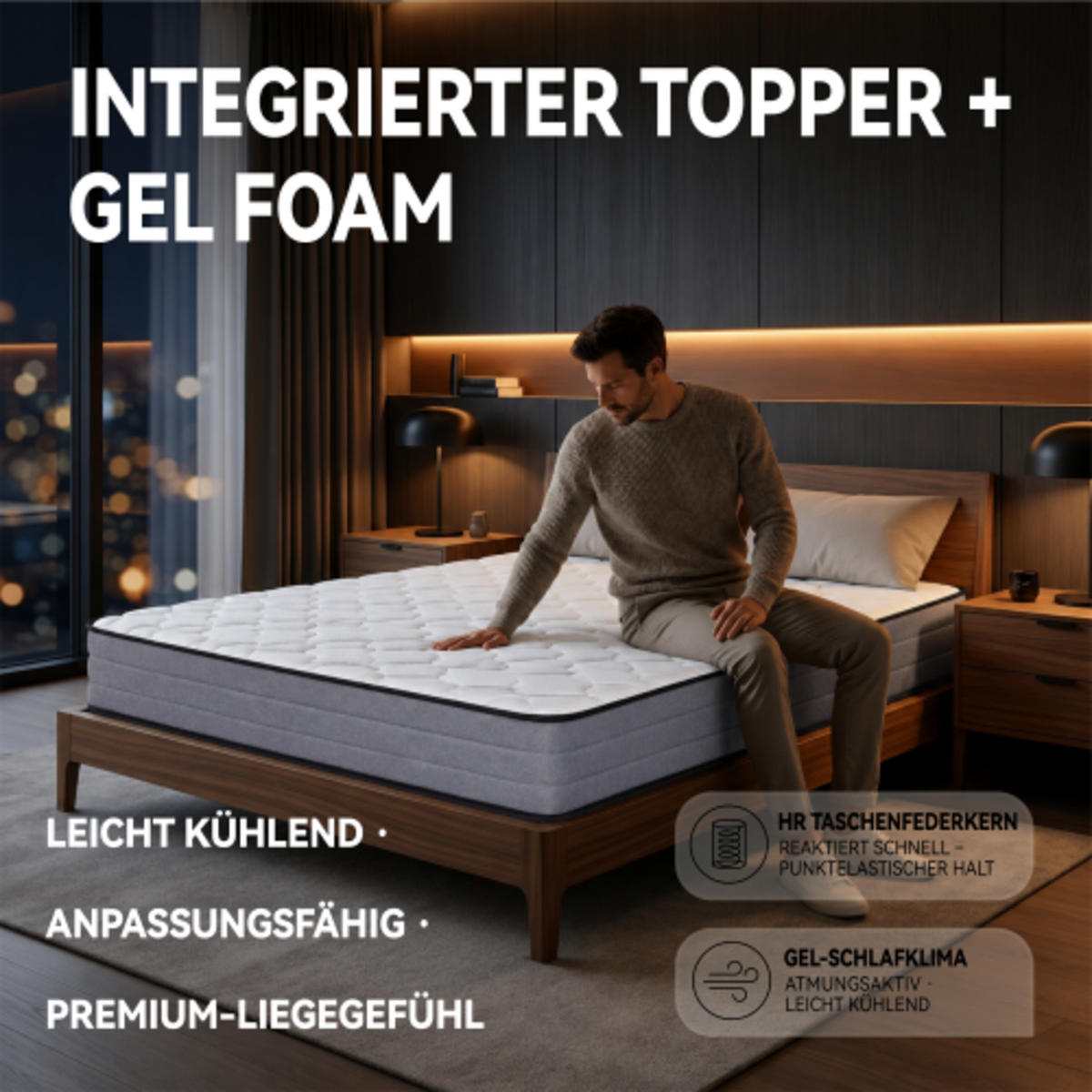 TASCHENFEDERKERNMATRATZE 90×200cm mit 7-Zonen-System und Memory-Schaum, weiß & grau - Weiß, Kunststoff - Luhomfu