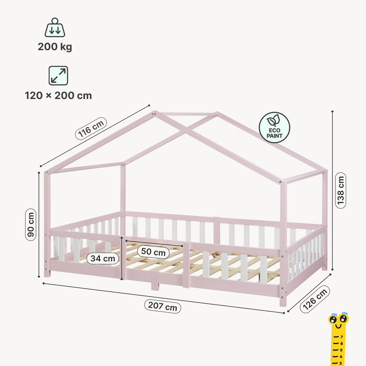 HAUSBETT Treviolo mit Matratze - Pink/Weiß, Holz/Textil (120/200cm) - [en.casa]