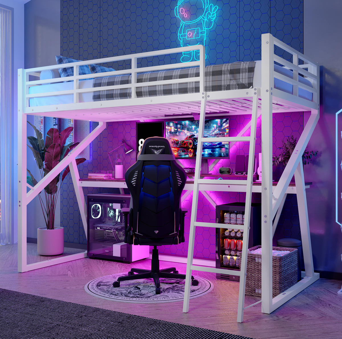 HOCHBETT 90/200 cm in Weiß mit Schreibtisch, Treppe und LED-Beleuchtung - Weiß, Metall (90/200cm) - Flora Grace
