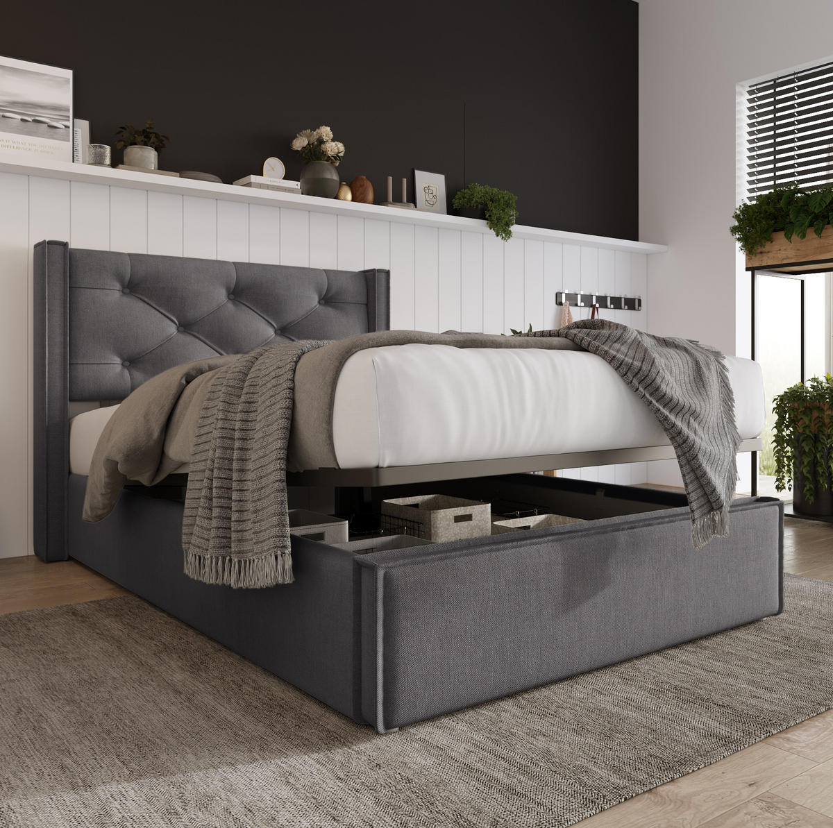 POLSTERBETT 90/200 cm Grau aus Baumwolle mit Stauraum - Grau, Textil (90/200cm) - OKMYHOME