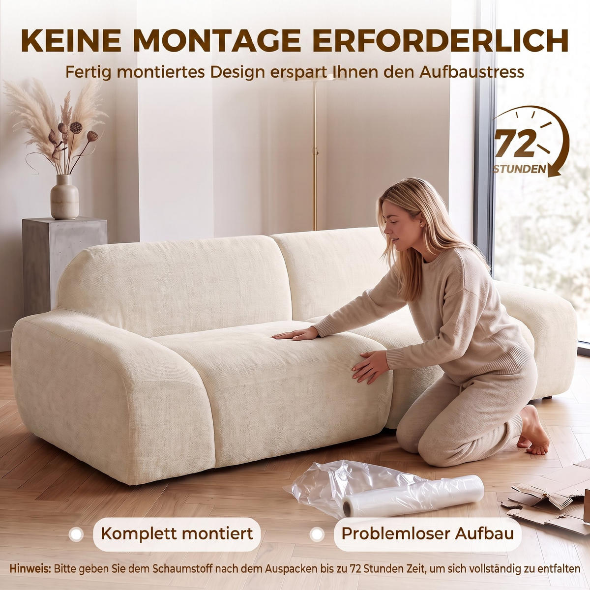 3-SITZER-SOFA Chenille 100 Polyester Schaumstoff Cremeweiß - Creme, Textil (95/70/244cm) - HOMCOM