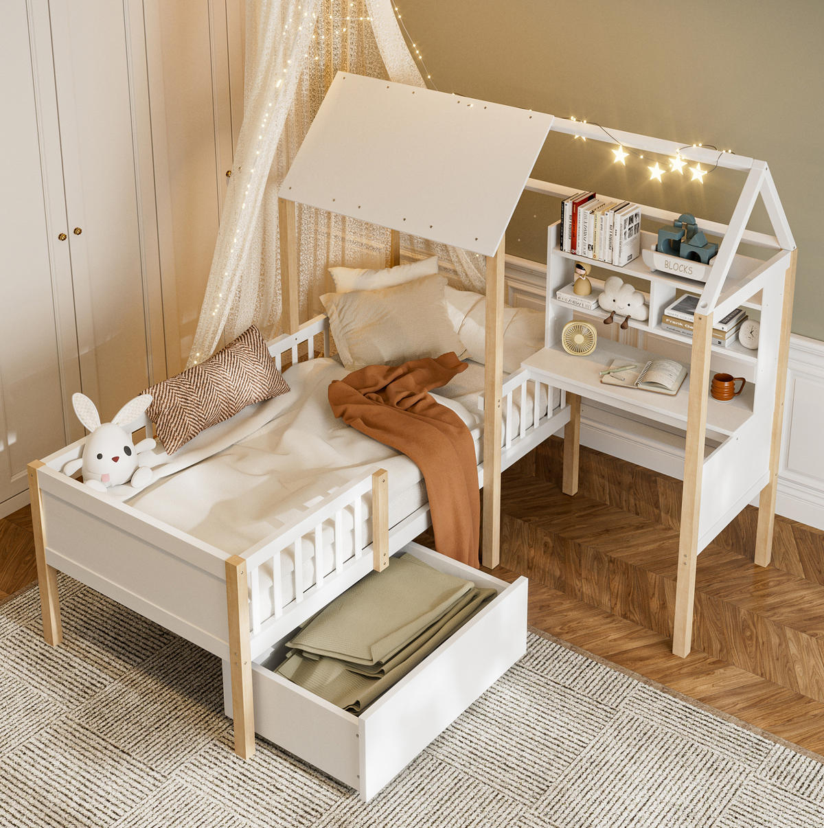 HAUSBETT 90/200 cm weiß mit Rausfallschutz und L-förmigem Schreibtisch - Weiß, Holz (90/200cm) - OKWISH