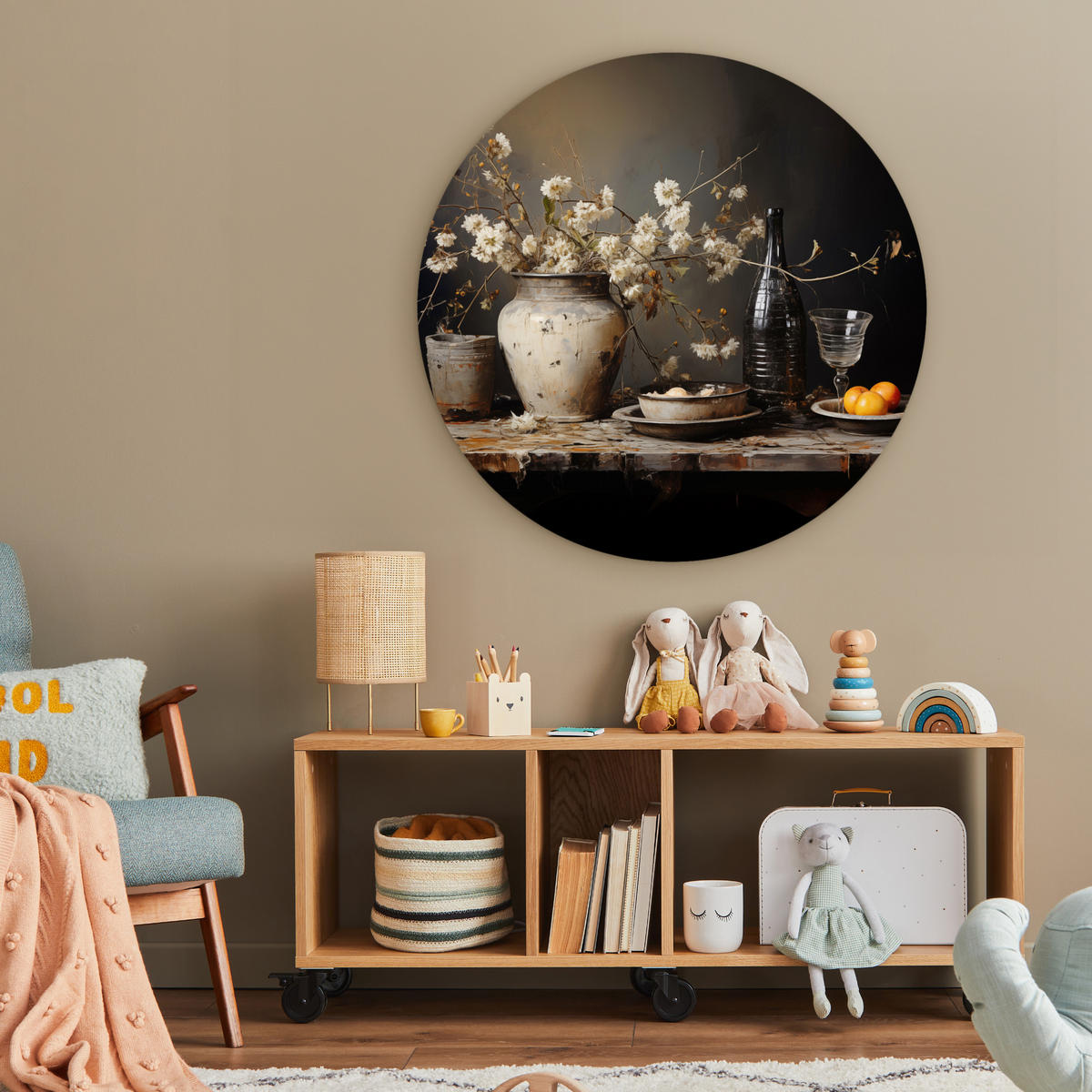 WANDBILD Stilleben - Blumen - Blumenstrauß - Vase - Wein 90x90 cm - Hellgrau, Kunststoff (90/90cm) - MuchoWow