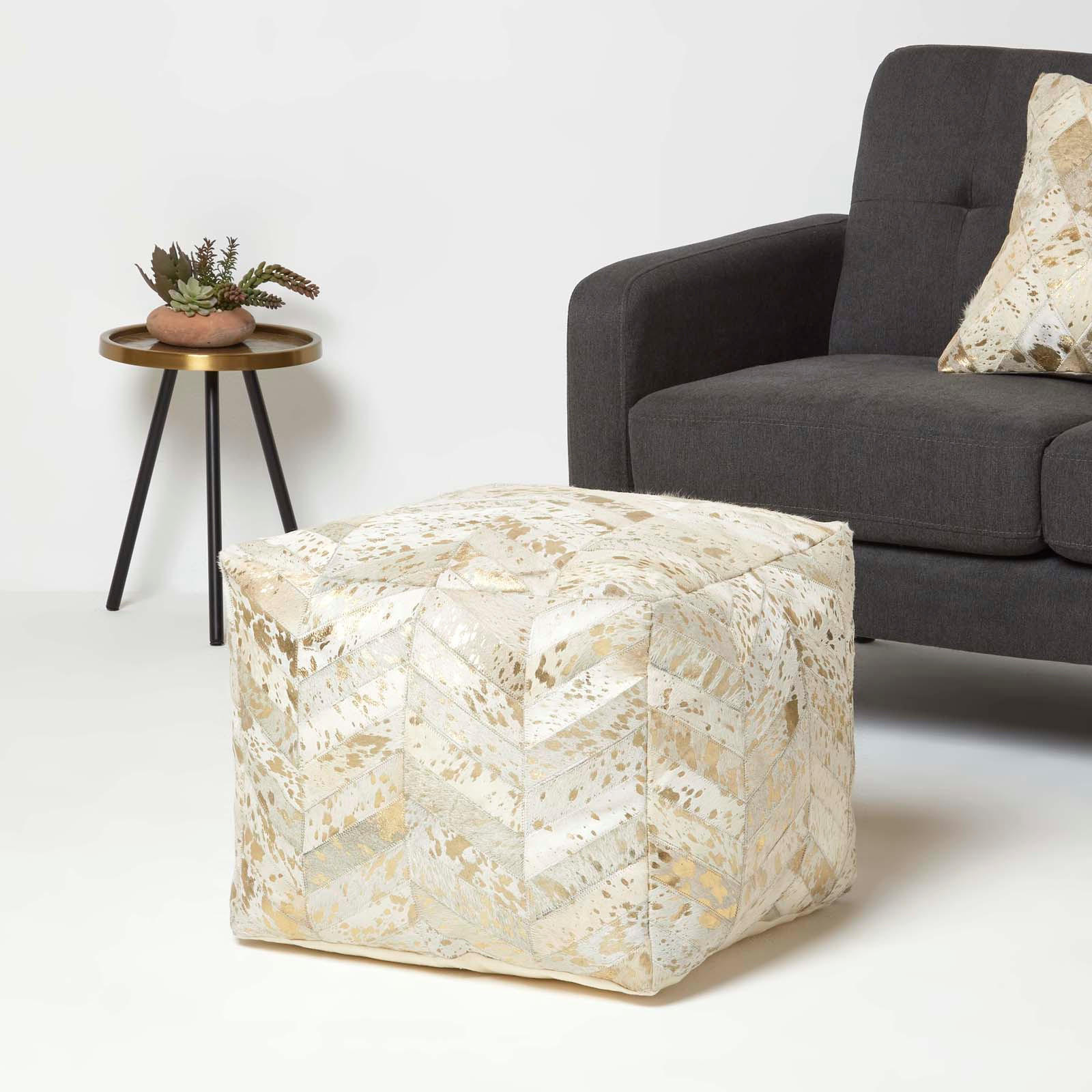 PATCHWORK-SITZPOUF Fell creme-gold, 50/50/40 cm - Grau, Leder (50/40/50cm) - Homescapes