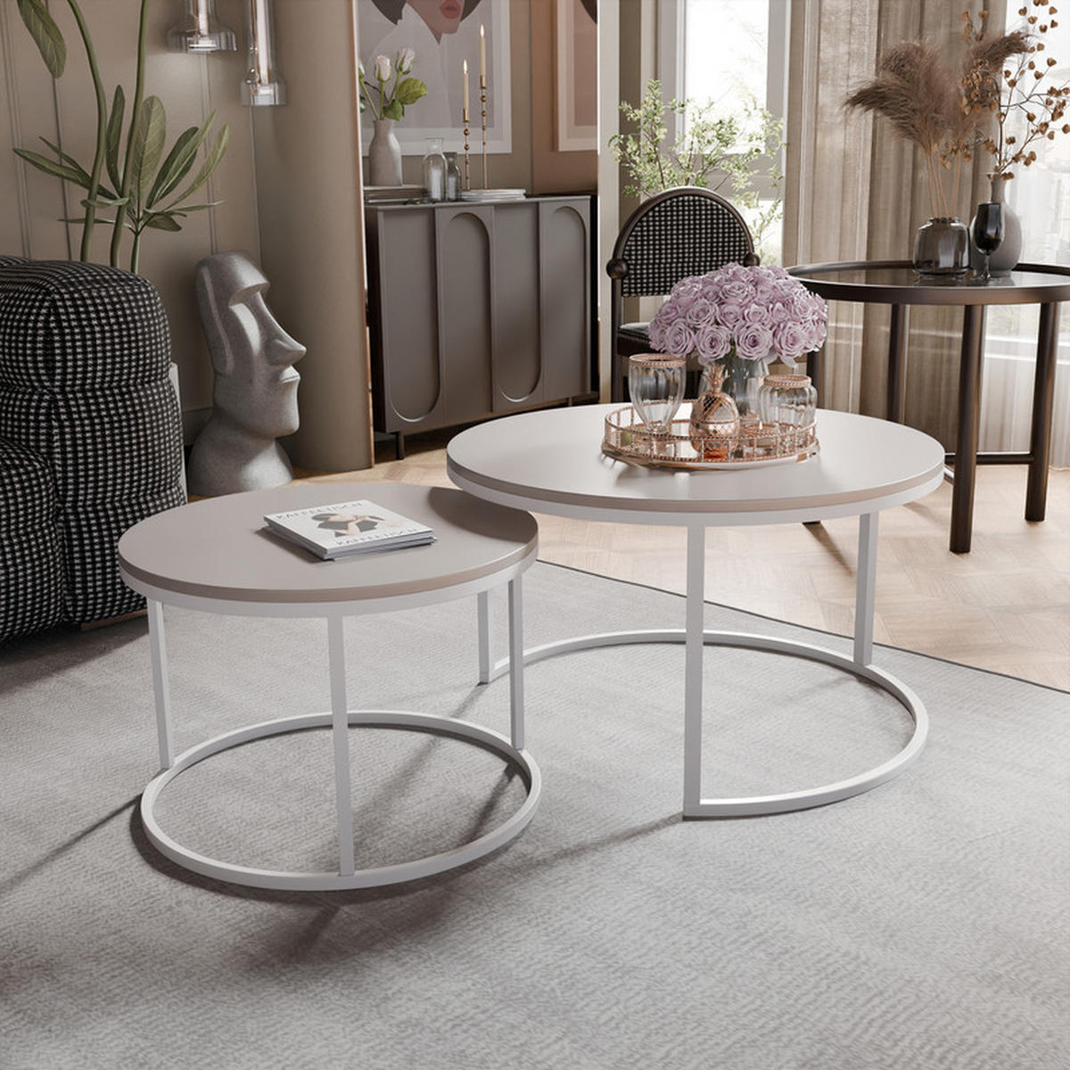 LAVO Couchtisch rund 2-in-1, Kaschmir - Kaschmir/Weiß, Metall (70/70/48cm) - Idohome