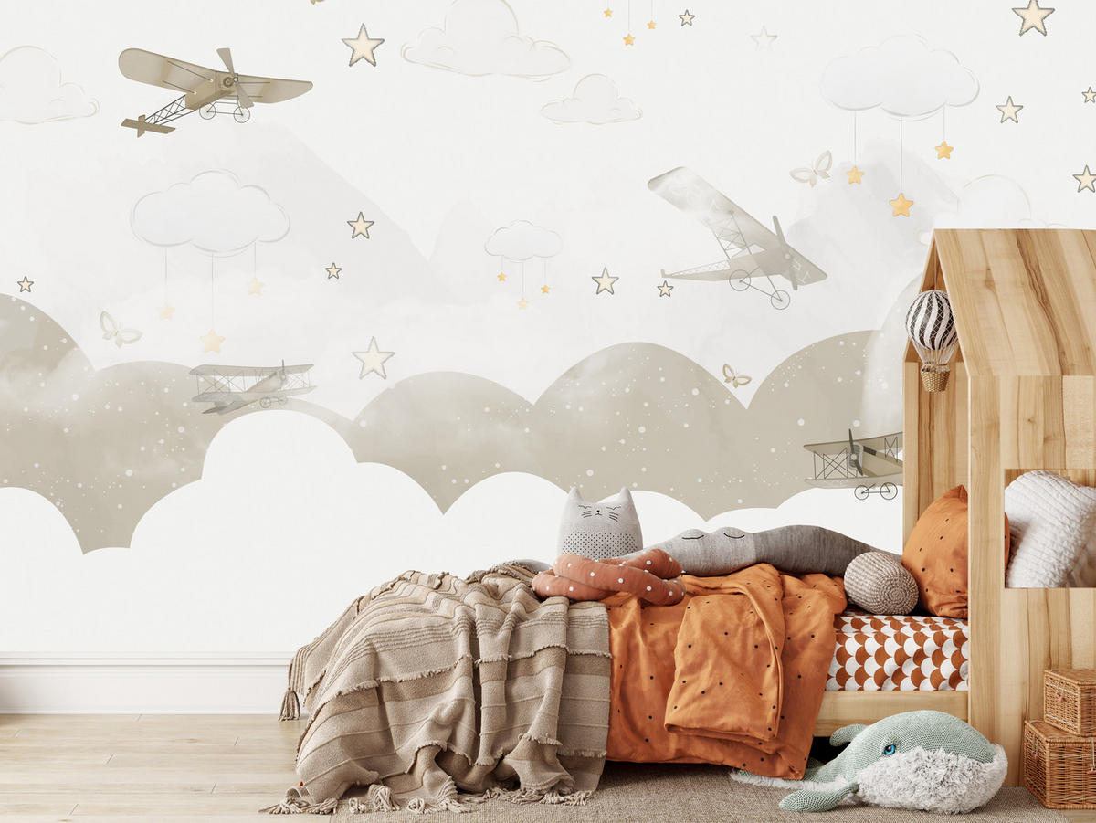 FOTOTAPETE für Kinderzimmer Flugzeuge Wolken Sterne Himmel 300x210 - Gelb/Beige, Papier (300/210cm) - Muralo