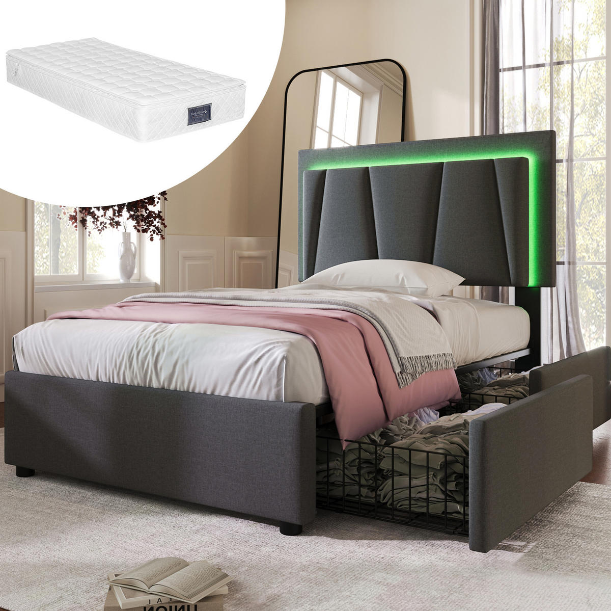TAPECIRANI krevet od drva 90x200 cm sivi s LED rasvjetom, 2 ladice, podesivim uzglavljem i madracem - siva, drvo (90/200cm) - Modfu