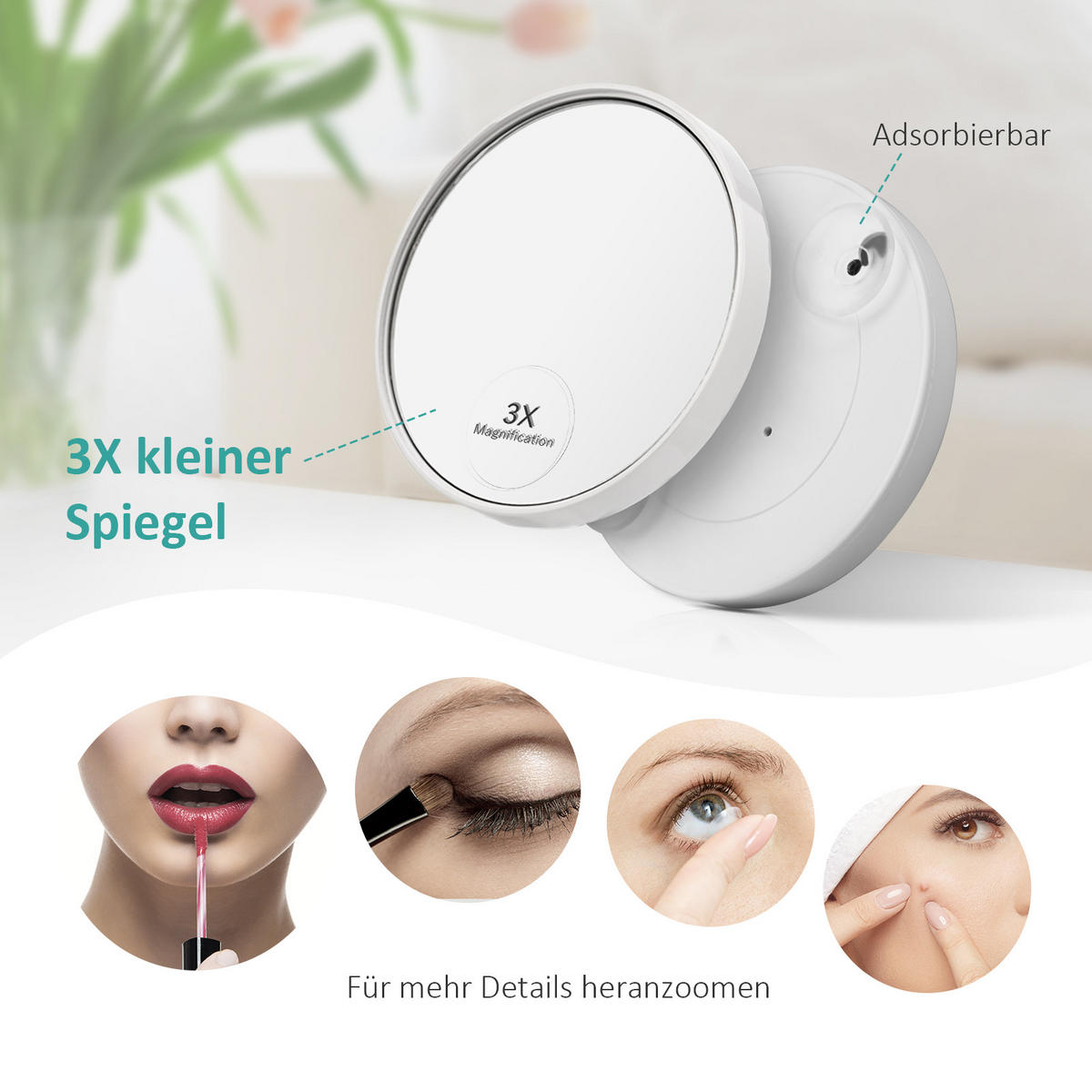 KOSMETIKSPIEGEL mit Licht & abnehmbarem Extraspiegel, Weiß, 23,3/18 cm - Weiß, Glas (23.3/23.3/18cm) - EMKE