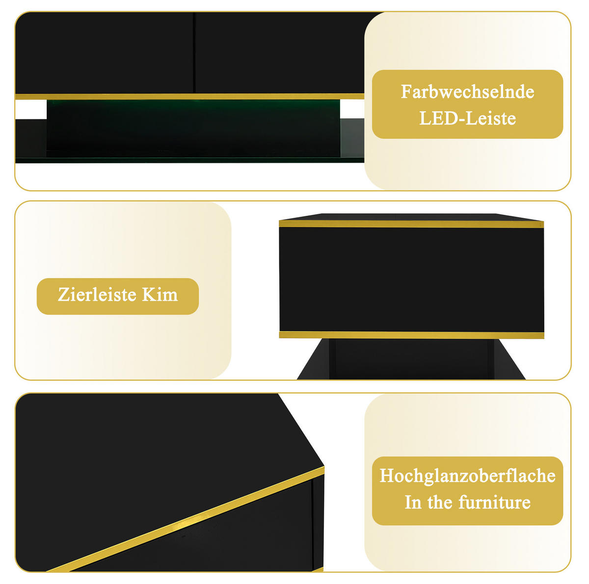 COUCHTISCH 100/50/40 cm mit LED-Beleuchtung, 3 Schubladen und offenem Fach aus Spanplatte, Schwarz/Gold - Schwarz, Holzwerkstoff (100/50/40cm) - Redom