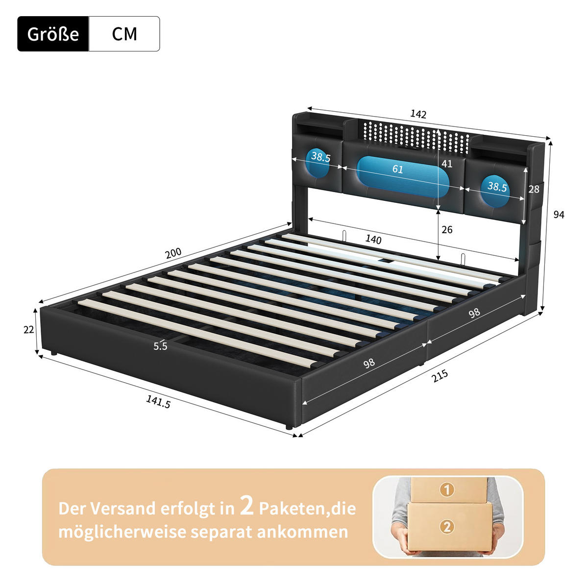 POLSTERBETT 140/200 cm Schwarz mit hydraulischem Stauraum, LED-Kopfteil mit Ablage und USB-Anschluss - Schwarz, Metall (140/200cm) - EuroLiving