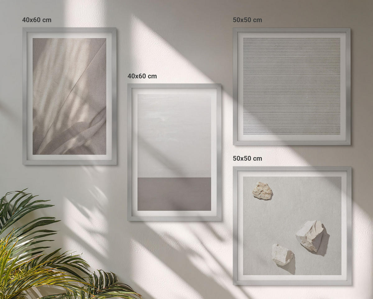 WANDBILDER 4er Set - 50x50 cm & 40x60 cm Silberner Rahmen - Zarte Boho-Texturen der Natur - Silberfarben, Kunststoff (50/50cm) - ArtPrintCave