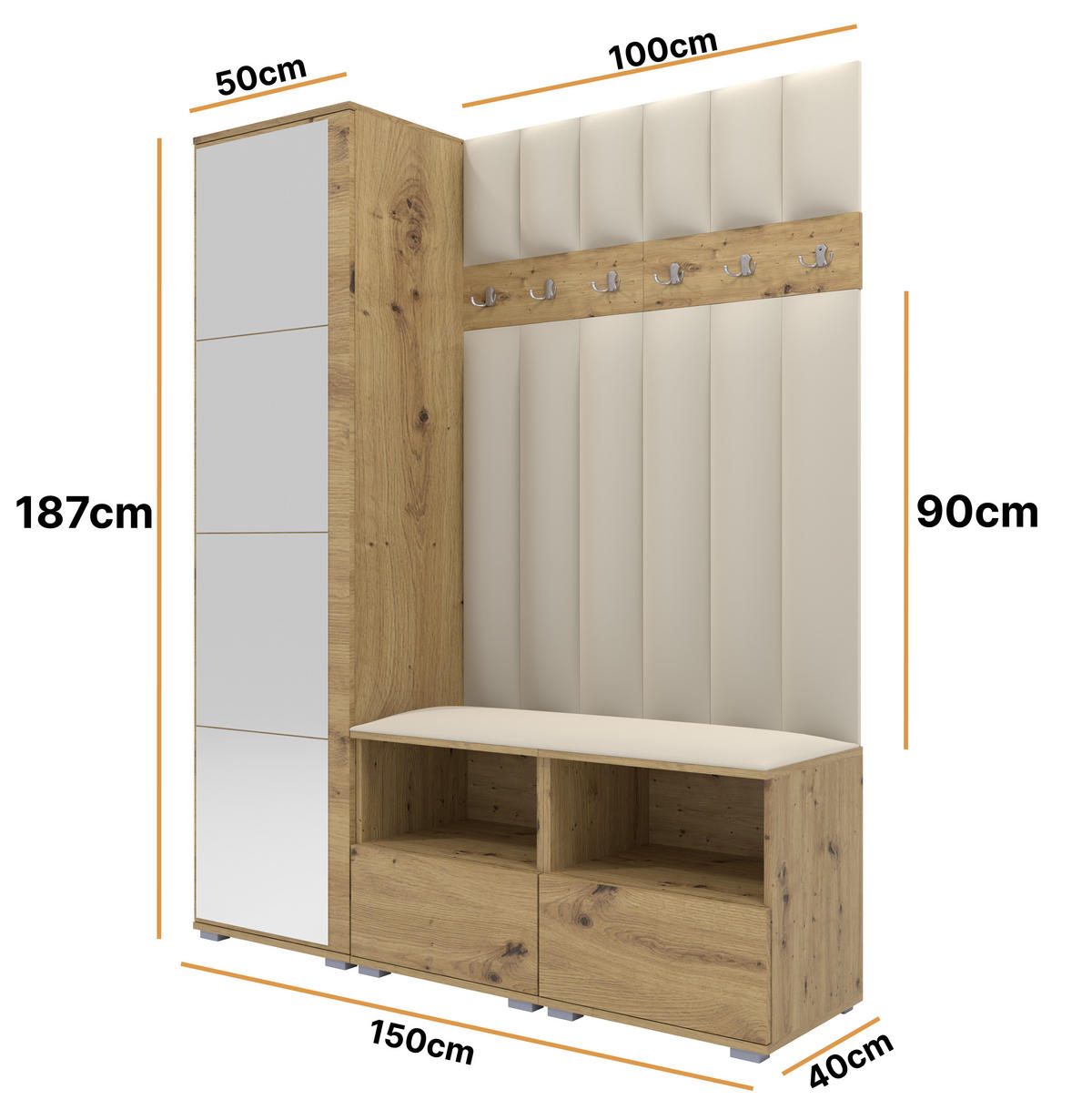 GEPOLSTERT Garderoben-Set Nela II LUX (Spiegel – Farbe Eiche Artisan + Stoff Trinity 01) - Silberfarben/Creme, Holz/Holzwerkstoff (150/187/40cm) - Ravio