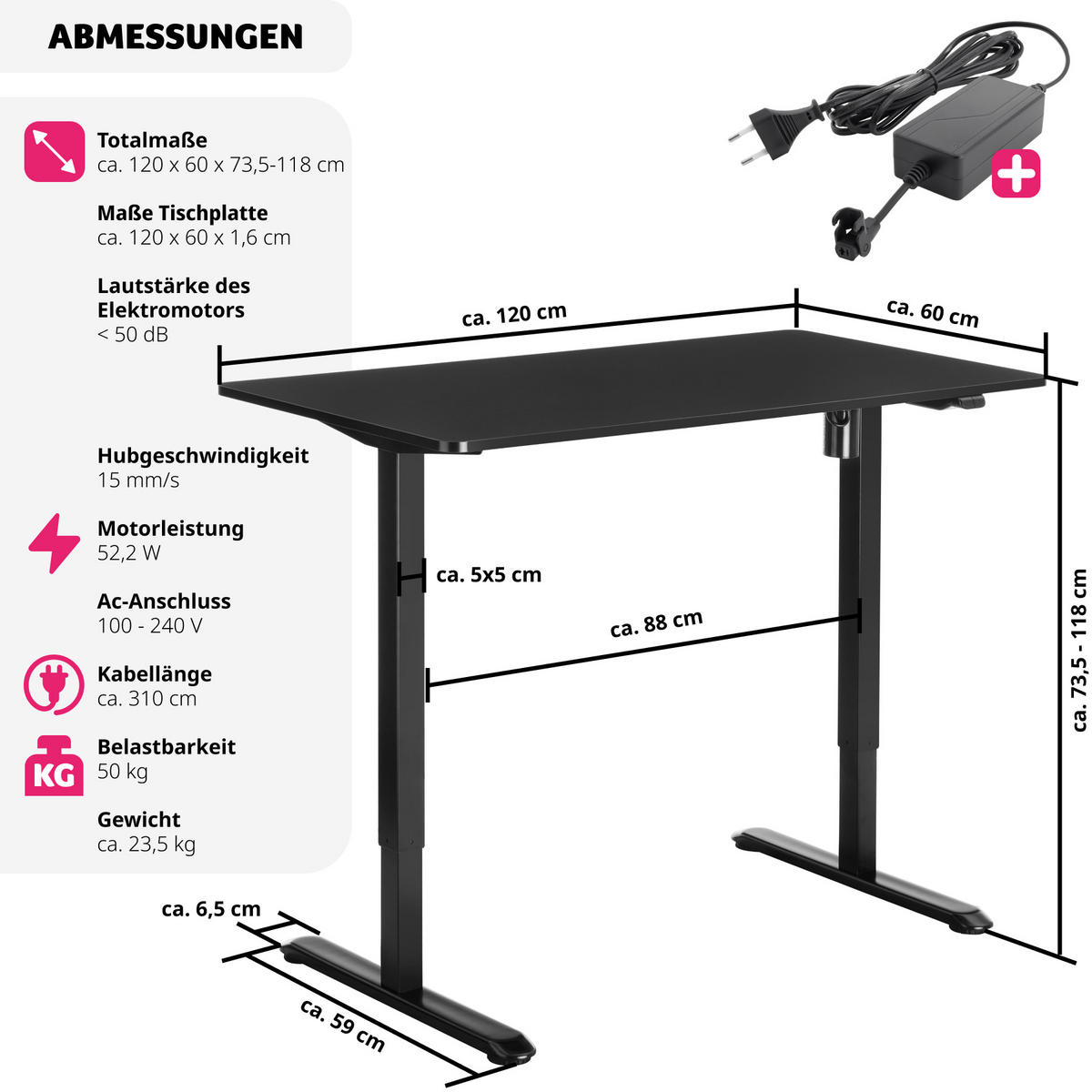 SCHREIBTISCH elektrisch höhenverstellbar Skadi, 120 x 60 x 73, 5 - 118 cm, schwarz - Schwarz, Textil (60/120/118cm) - tectake