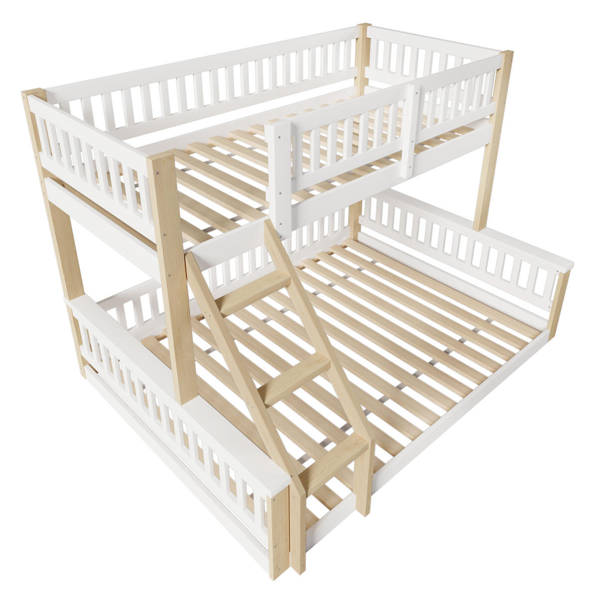 ETAGENBETT 90x200cm + 140x200cm Weiß + Natur Leiter Bettgitter - Multicolor, Holz (140/200cm) - FLIEKS