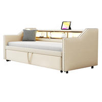 ČALOUNĚNÁ rozkládací postel 90/180 x 190 cm béžová z lnu s LED osvětlením a USB - béžová, textil (90/190cm) - OKWISH