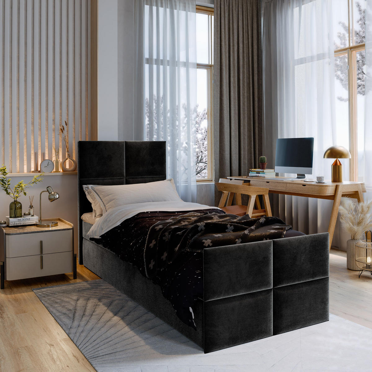 BOXBETT ARIEL 100 100x200 cm mit Matratze und Topper - Schwarz - Schwarz, Holz (100/200cm) - MASSENO