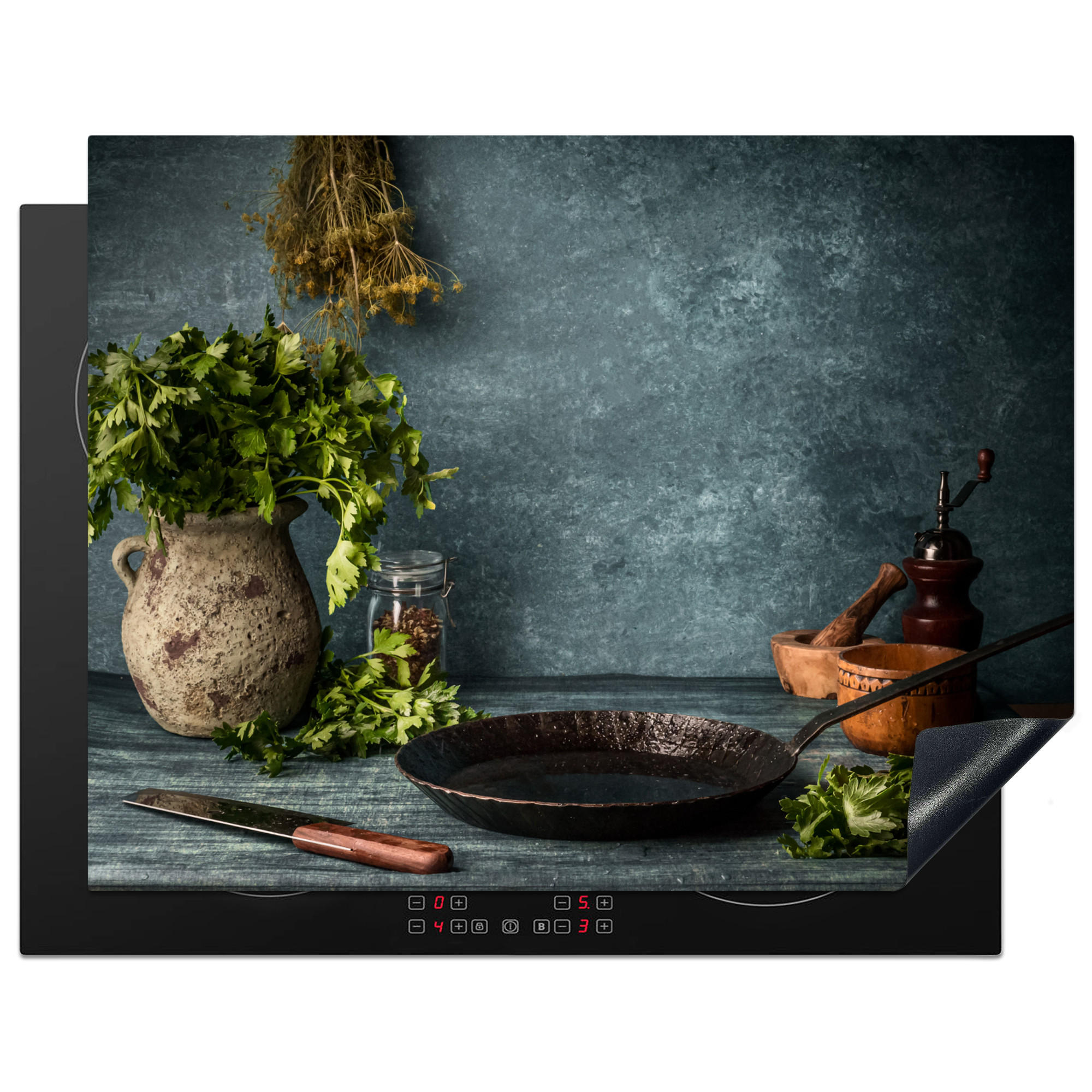 HERDABDECKPLATTE Kräuter - Gewürze - Pfanne - Messer - Grau - Rustikal 77x59 cm - Petrol, Kunststoff (77/0.2/59cm) - MuchoWow