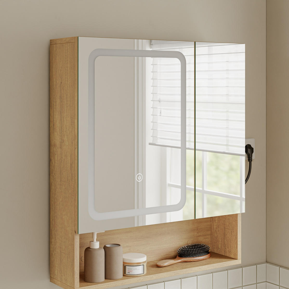 SPIEGELSCHRANK mit LED-Beleuchtung und Touch-Sensor BZR238-E-N - Ahornfarben/Weiß, Kunststoff/Fell (17/70/60cm) - SoBuy