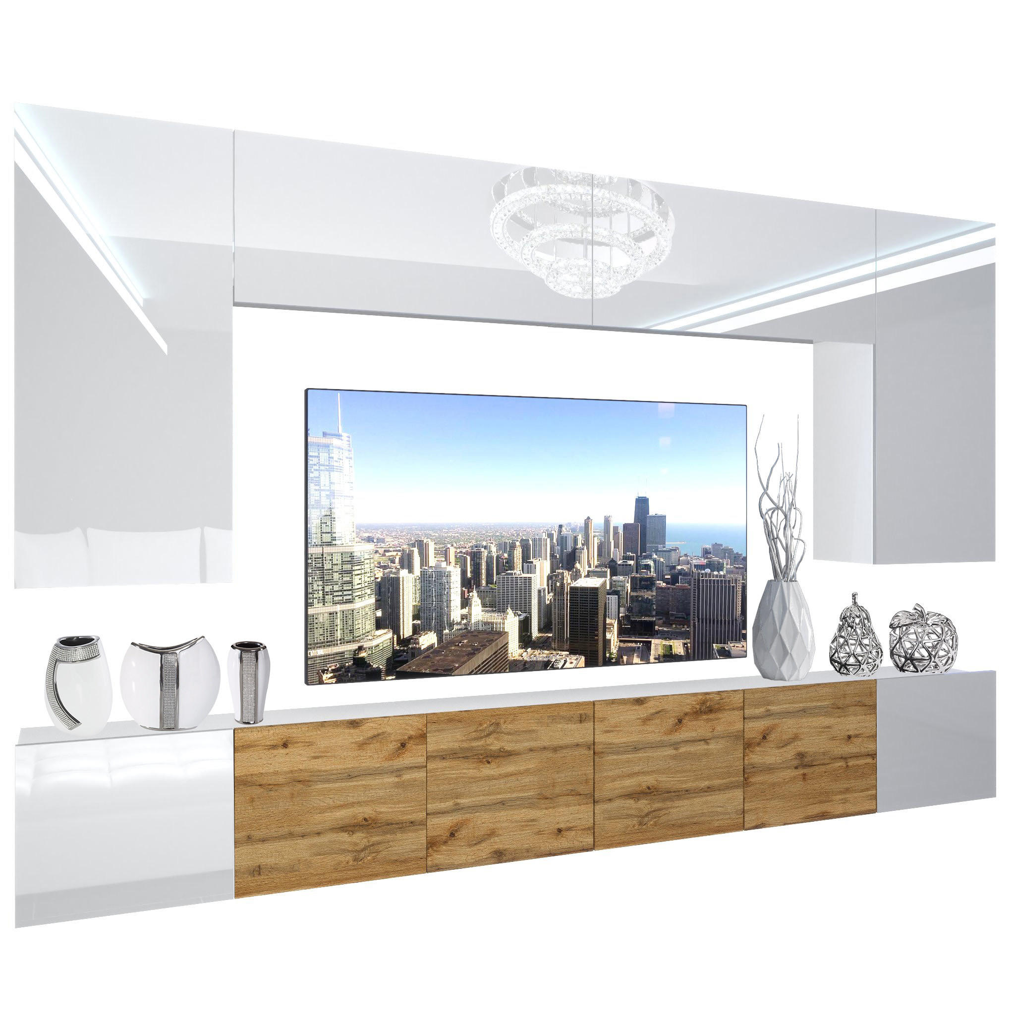 WOHNZIMMERWAND Schrankwand mit LED Weiß / Eiche Wotan Glänzend/Matt - Weiß/Braun, Holz (300/180/36cm) - B BELINI GROUP