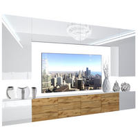 WOHNZIMMERWAND Schrankwand mit LED Weiß / Eiche Wotan Glänzend/Matt - Weiß/Braun, Holz (300/180/36cm) - B BELINI GROUP