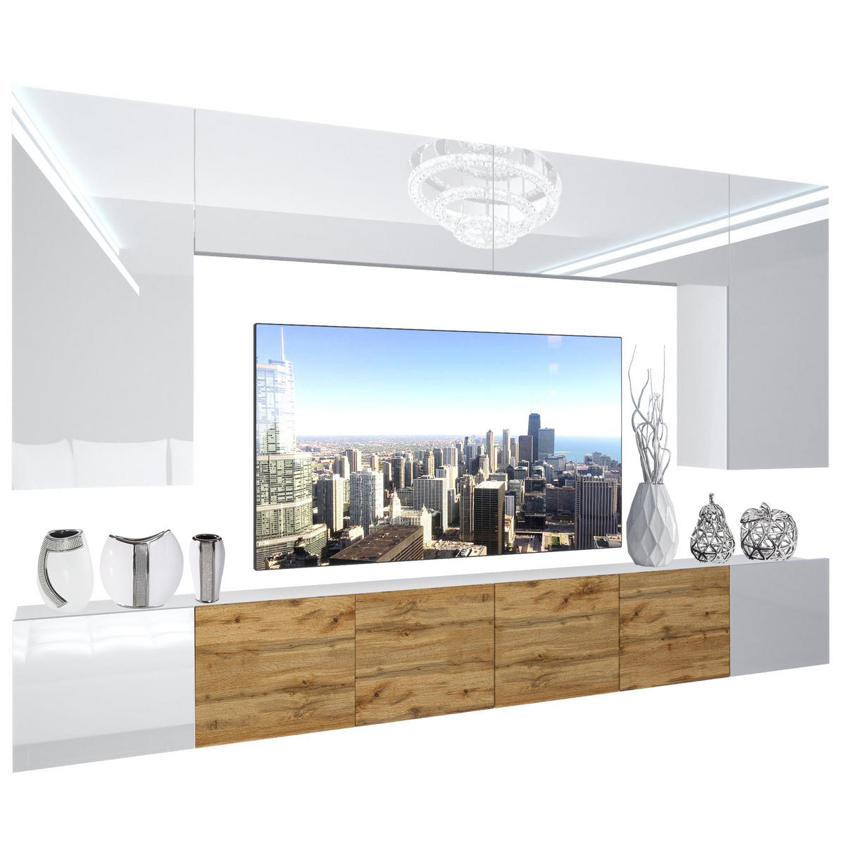 WOHNZIMMERWAND Schrankwand mit LED Weiß / Eiche Wotan Glänzend/Matt - Weiß/Braun, Holz (300/180/36cm) - B BELINI GROUP