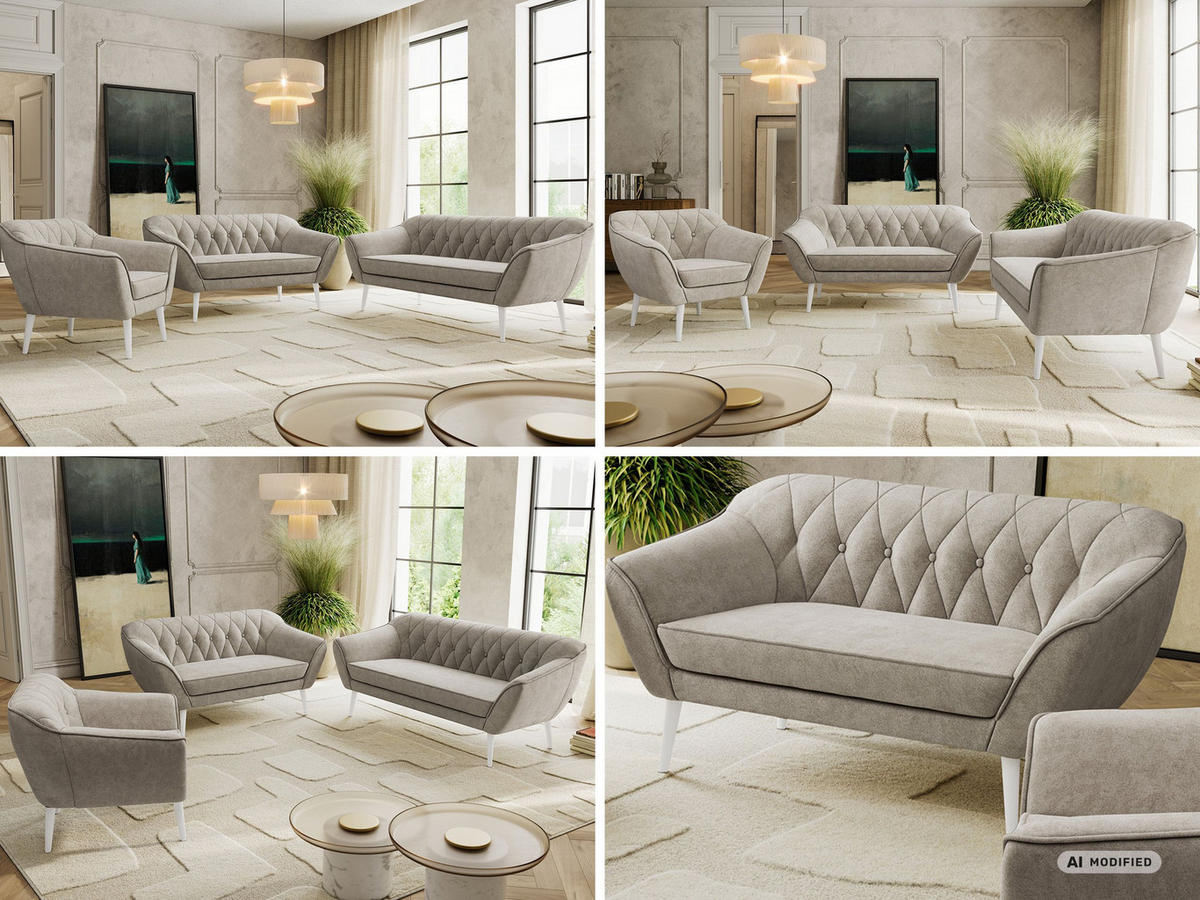 SEDACIA ZOSTAVA 3+2+1 PIRS - Sivobéžová Štruktúrovaná látka - Biele nohy - biela/sivobéžová, kompozitné drevo/textil (180/75/74cm) - MKS