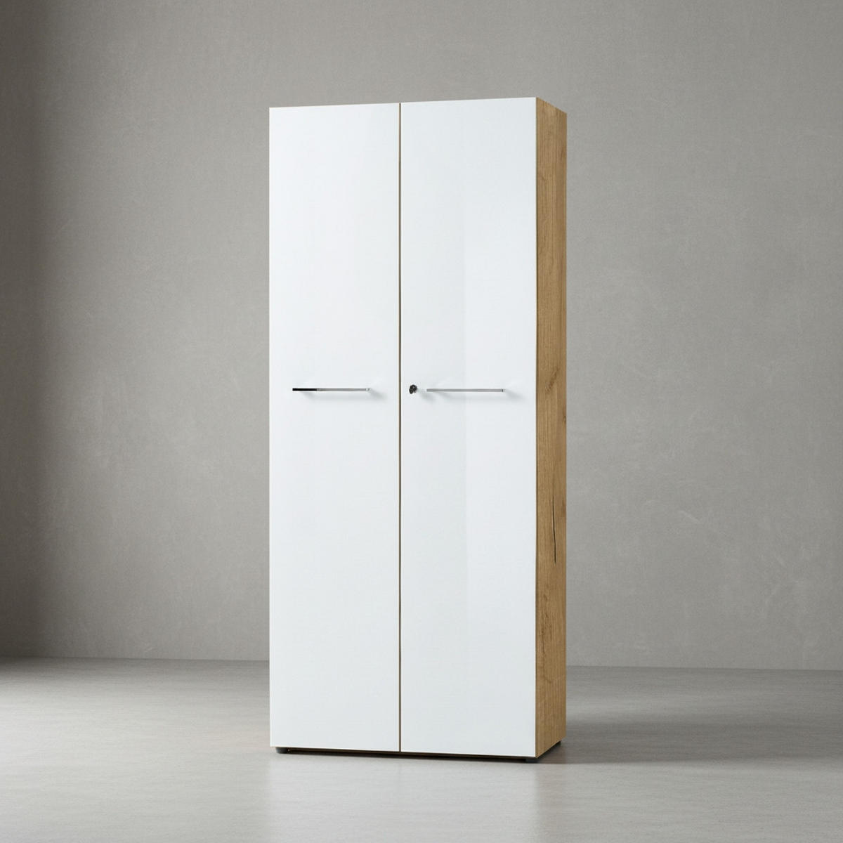 BÜRO-SET MUENCHEN 2-teilig | Schrank & Regal 5 OH | Glas Front & Abschließbar | Chalet-Eiche-Nb./Weiß - Weiß, Holzwerkstoff/Metall (145/196/37cm) - KADIMA DESIGN