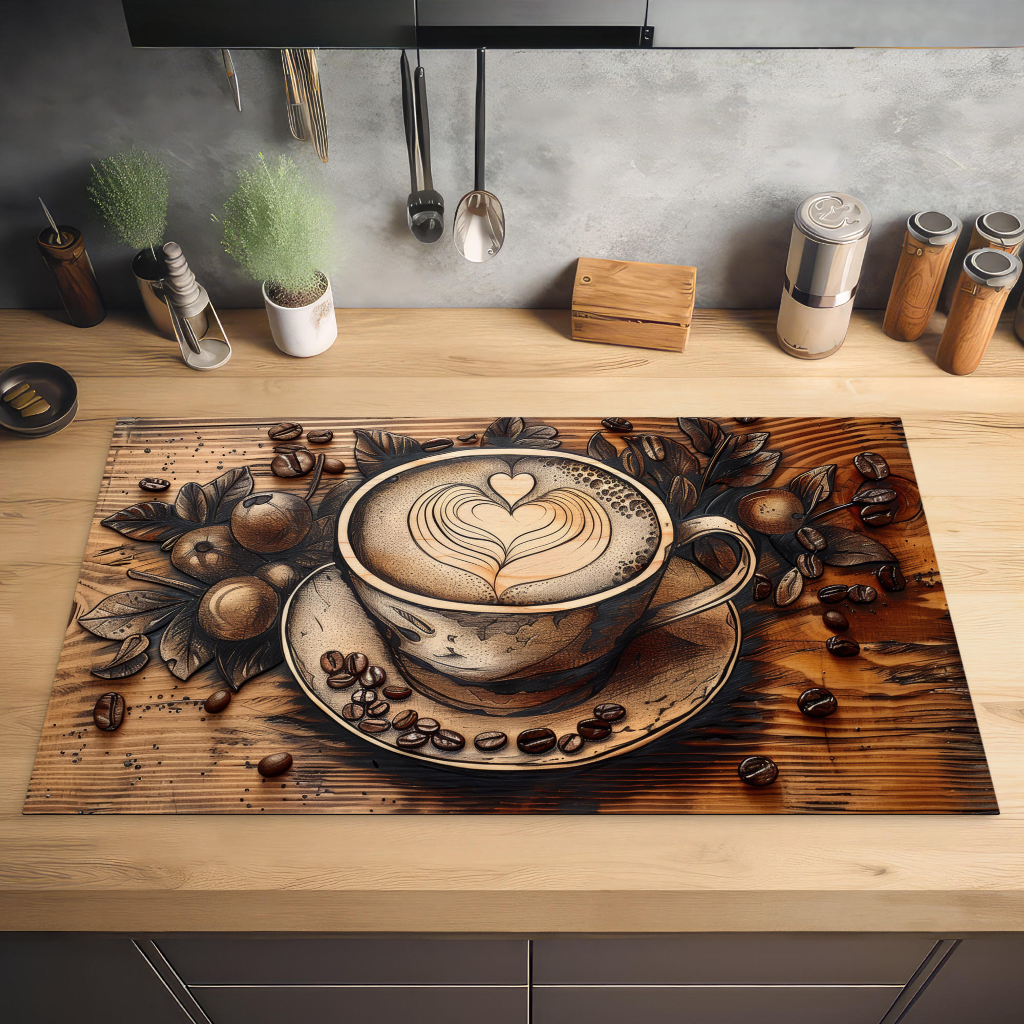 HERDABDECKPLATTE Kaffee - Vintage - Braun - Tasse - Holz 90x52 cm - Cappuccino, Kunststoff (90/0.2/52cm) - MuchoWow