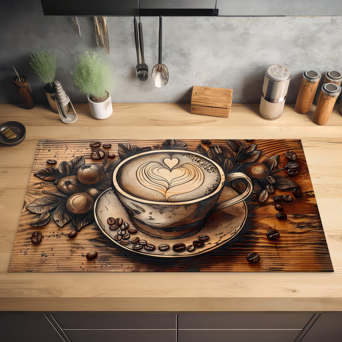 HERDABDECKPLATTE Kaffee - Vintage - Braun - Tasse - Holz 90x52 cm - Cappuccino, Kunststoff (90/0.2/52cm) - MuchoWow
