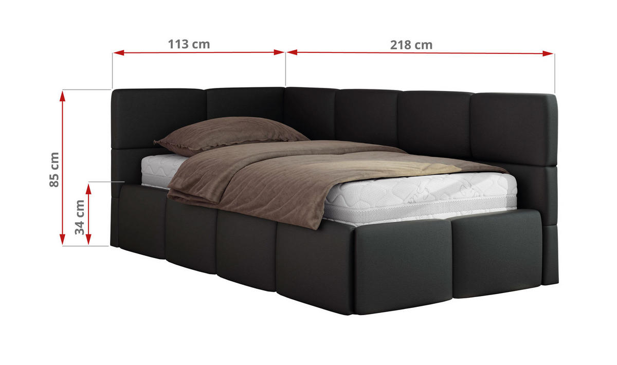 JUGENDBETT ARVO 90/200 - Schwarz Kunstleder - Pocket-Matratze - Rechts Seite - Schwarz, Textil (90/200cm) - MKS